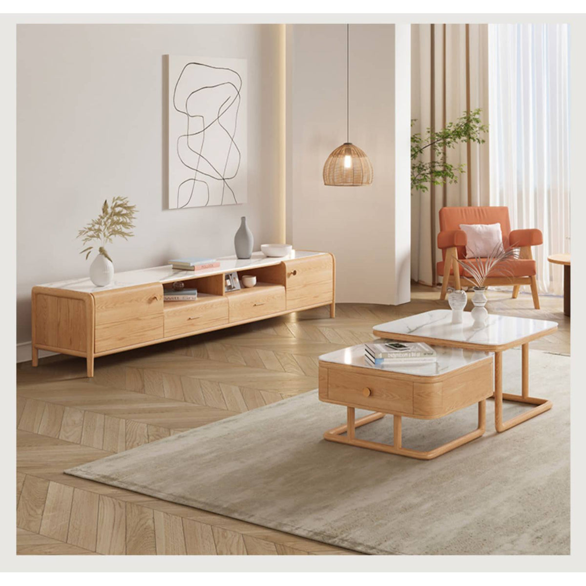 Elegant White Sintered Stone Tea Table with Oak Wood and Metal Accents hbzwg-638