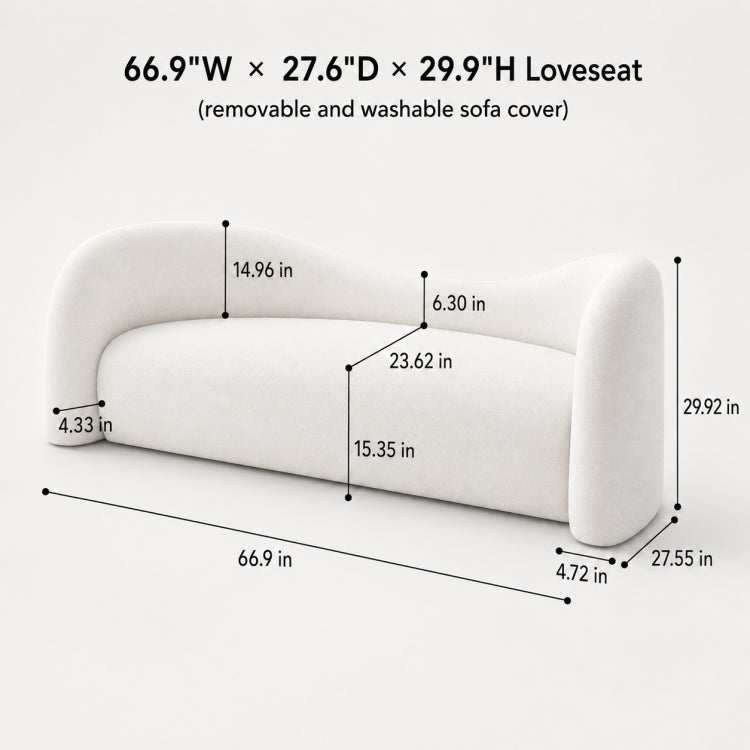 Modern Off-White Faux Lambswool Curved Sofa, Cute Round-Shaped Couch for Living Room hch-3071