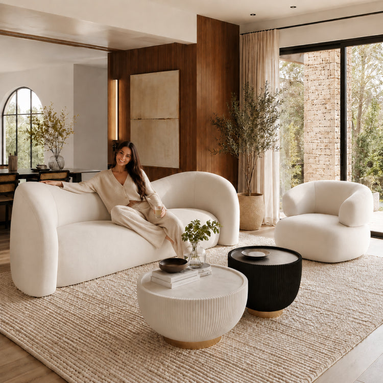 Modern Off-White Faux Lambswool Curved Sofa, Cute Round-Shaped Couch for Living Room hch-3071