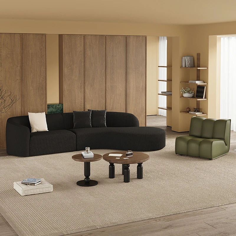Modern Vintage Black Faux Lambswool Curved Sofa, 2/3-Seater Couch for Living Room hch-3076