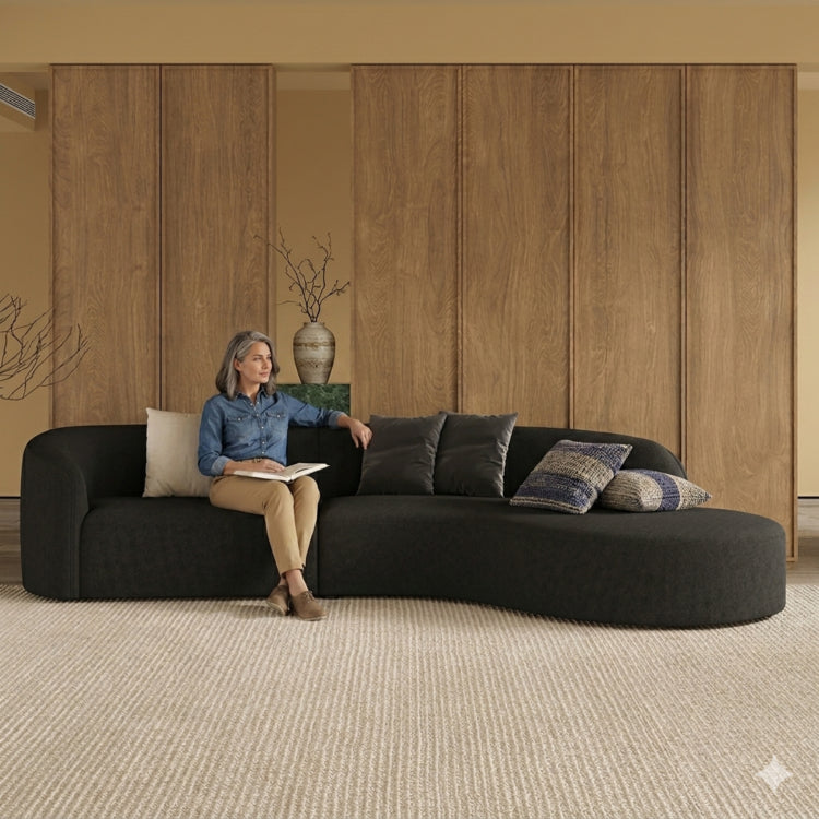 Modern Vintage Black Faux Lambswool Curved Sofa, 2/3-Seater Couch for Living Room hch-3076