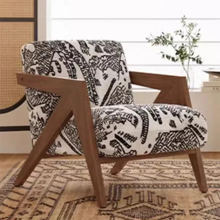 Stylish Solid Wood Accent Chair in Beige Cotton and Linen Upholstery - Modern Mid-Century Design for Living Room & Office hch-3087