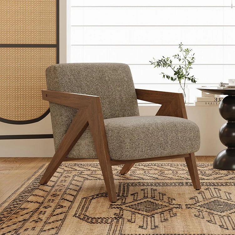 Stylish Solid Wood Accent Chair in Beige Cotton and Linen Upholstery - Modern Mid-Century Design for Living Room & Office hch-3087