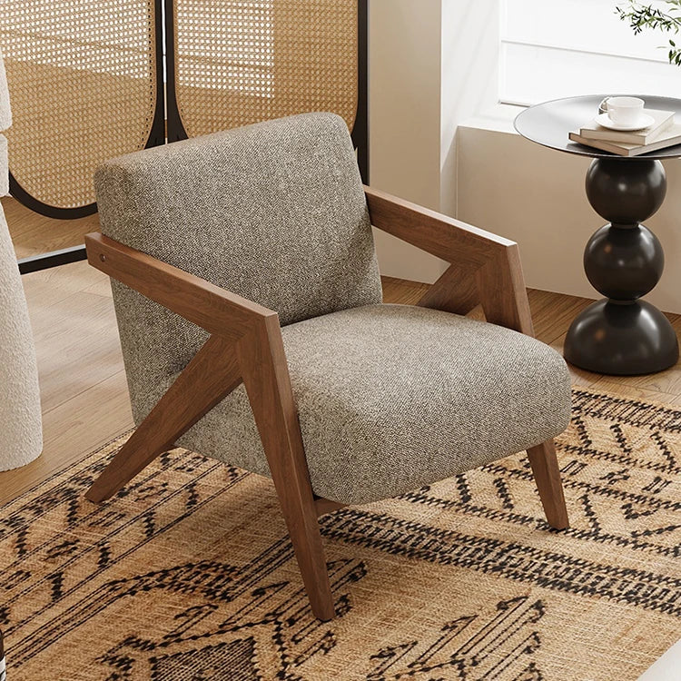 Stylish Solid Wood Accent Chair in Beige Cotton and Linen Upholstery - Modern Mid-Century Design for Living Room & Office hch-3087