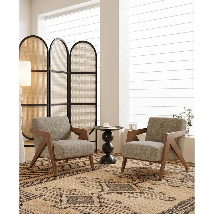 Stylish Solid Wood Accent Chair in Beige Cotton and Linen Upholstery - Modern Mid-Century Design for Living Room & Office hch-3087