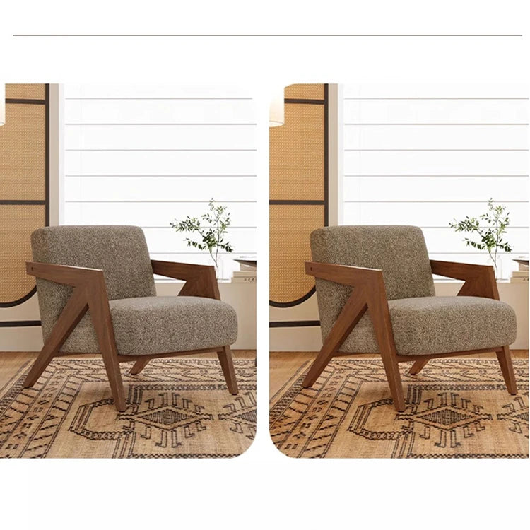 Stylish Solid Wood Accent Chair in Beige Cotton and Linen Upholstery - Modern Mid-Century Design for Living Room & Office hch-3087
