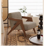 Stylish Solid Wood Accent Chair in Beige Cotton and Linen Upholstery - Modern Mid-Century Design for Living Room & Office hch-3087