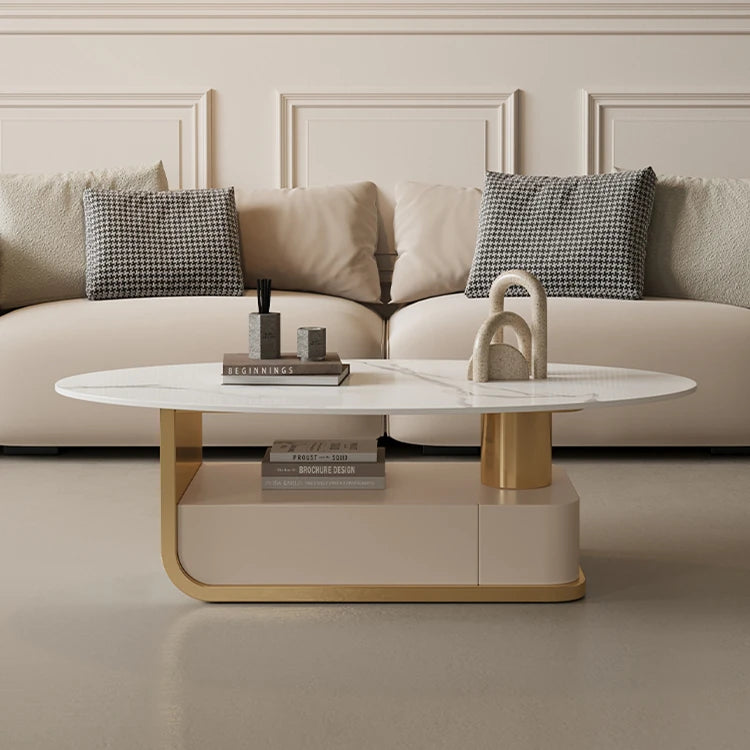 Modern Oval Marble Coffee Table with Stylish Storage - Elegant Living Room Furniture hch-3094