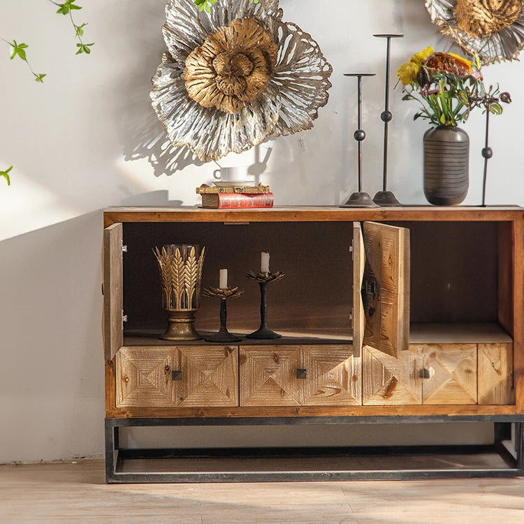 Rustic Charm Chinese Fir Cabinet with Geometric Design – Elegant Storage Solution hdst-4218