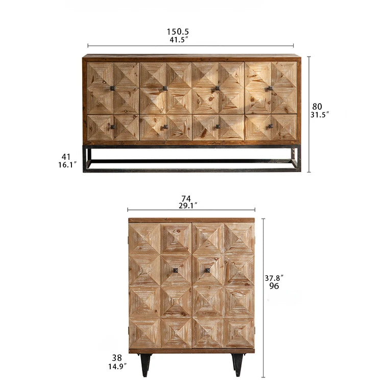 Rustic Charm Chinese Fir Cabinet with Geometric Design – Elegant Storage Solution hdst-4218