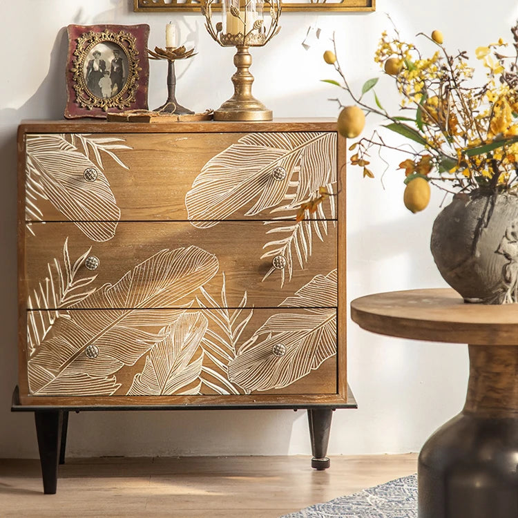 Elegant Floral Carved Bedside Cupboard in Chinese Fir & Density Board hdst-4219