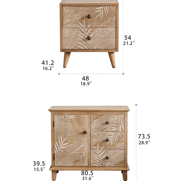 Elegant Floral Carved Bedside Cupboard in Chinese Fir & Density Board hdst-4219