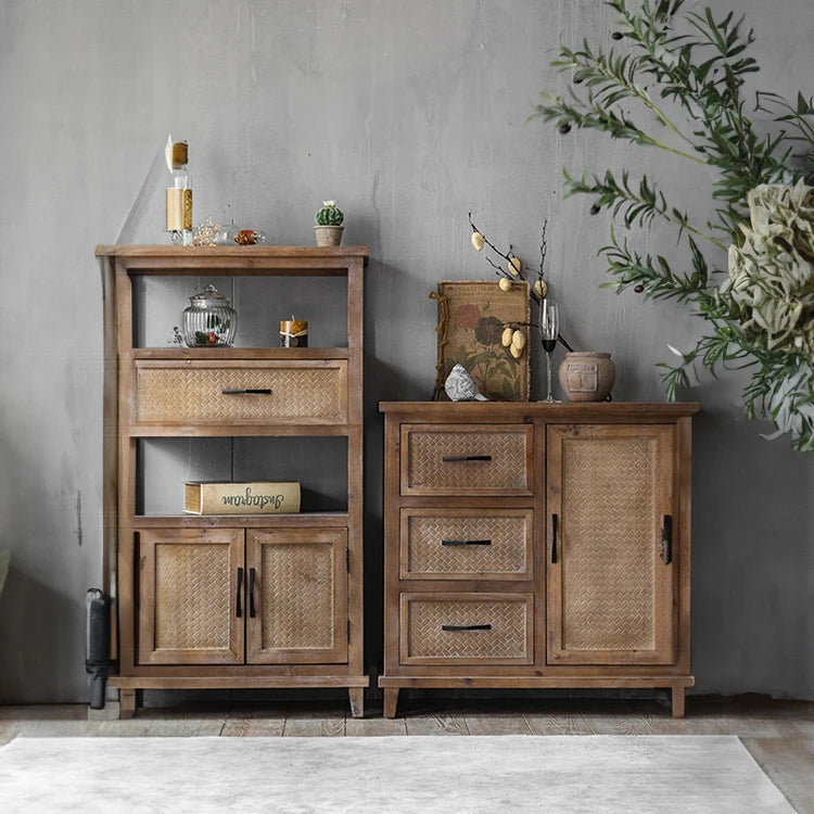 Rustic Chinese Fir Cabinet with Woven Details - Stylish Storage Solution hdst-4222