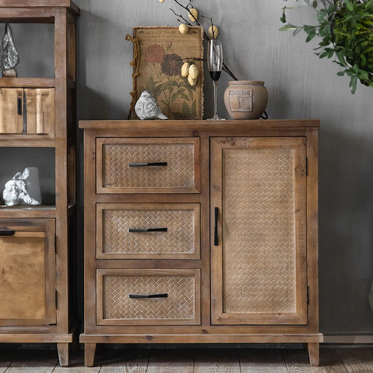 Rustic Chinese Fir Cabinet with Woven Details - Stylish Storage Solution hdst-4222