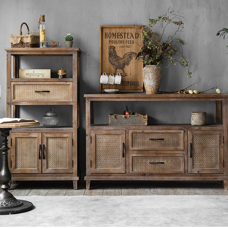 Rustic Chinese Fir Cabinet with Woven Details - Stylish Storage Solution hdst-4222