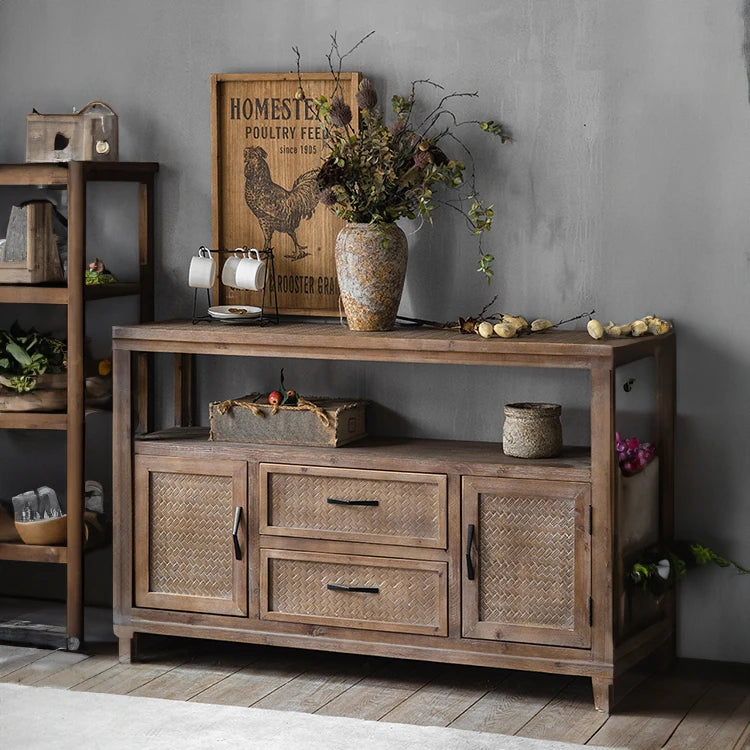 Rustic Chinese Fir Cabinet with Woven Details - Stylish Storage Solution hdst-4222