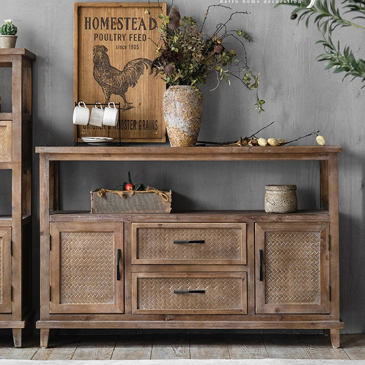 Rustic Chinese Fir Cabinet with Woven Details - Stylish Storage Solution hdst-4222
