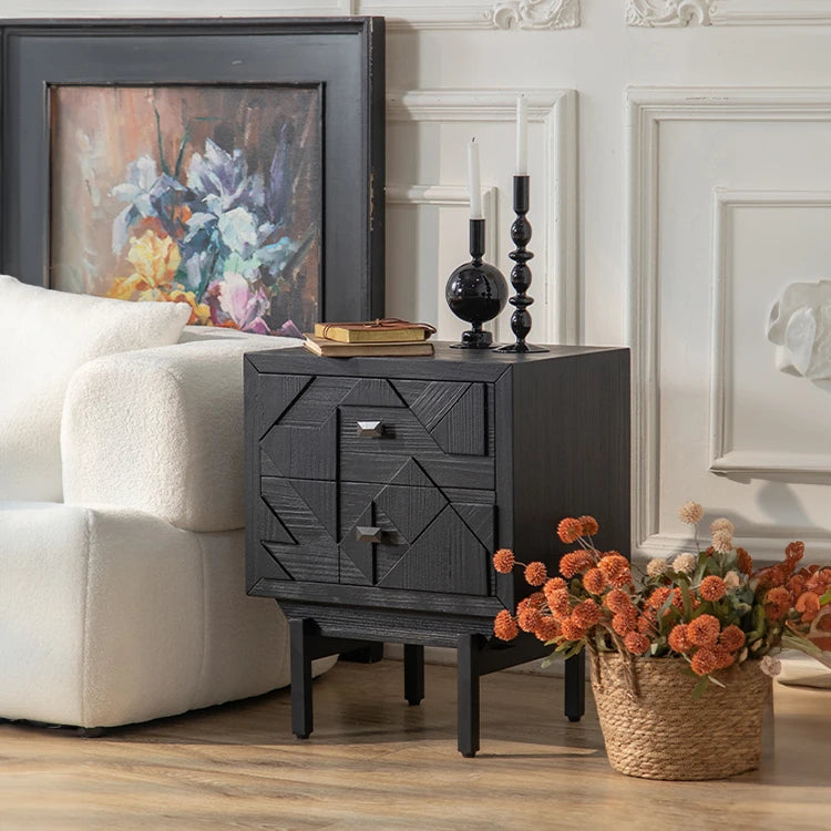 Elegant Black Bedside Cupboard with Geometric Design - Fir and Density Board hdst-4223