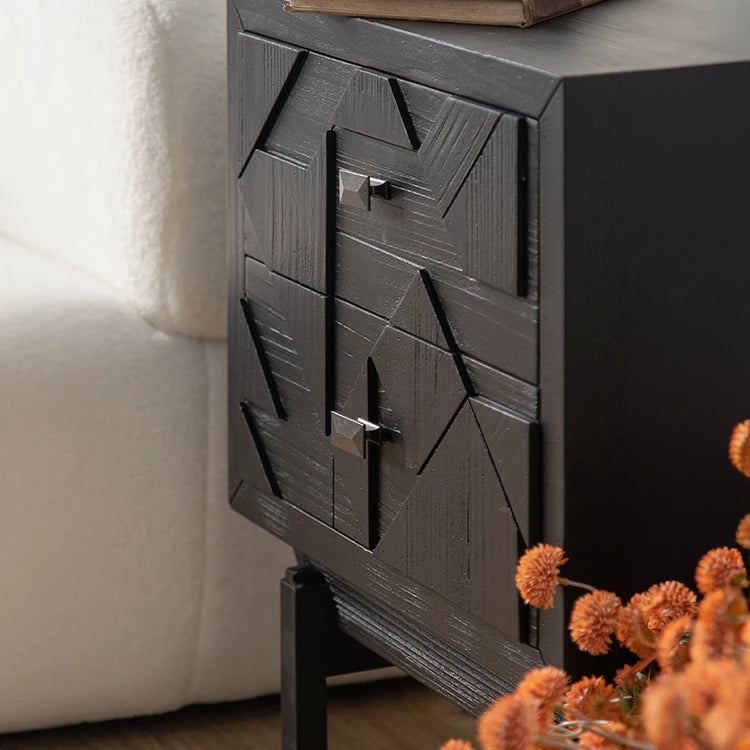 Elegant Black Bedside Cupboard with Geometric Design - Fir and Density Board hdst-4223