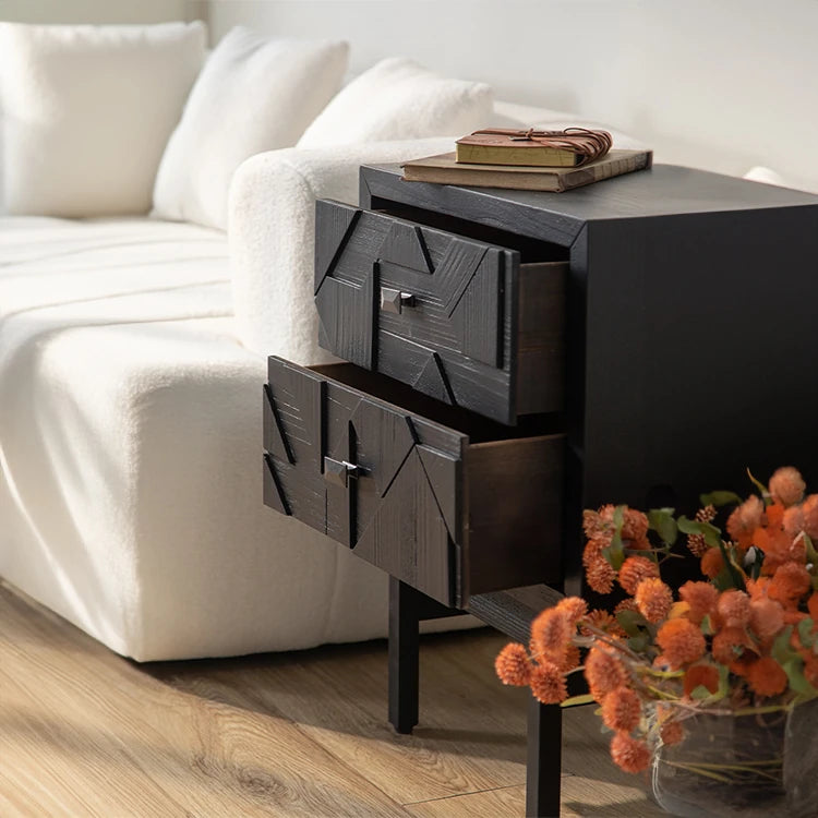 Elegant Black Bedside Cupboard with Geometric Design - Fir and Density Board hdst-4223