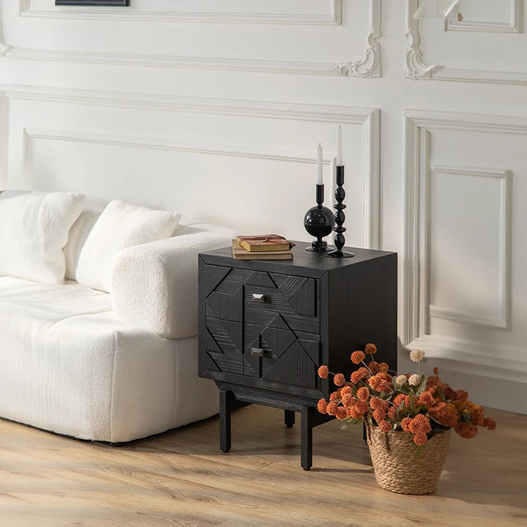 Elegant Black Bedside Cupboard with Geometric Design - Fir and Density Board hdst-4223