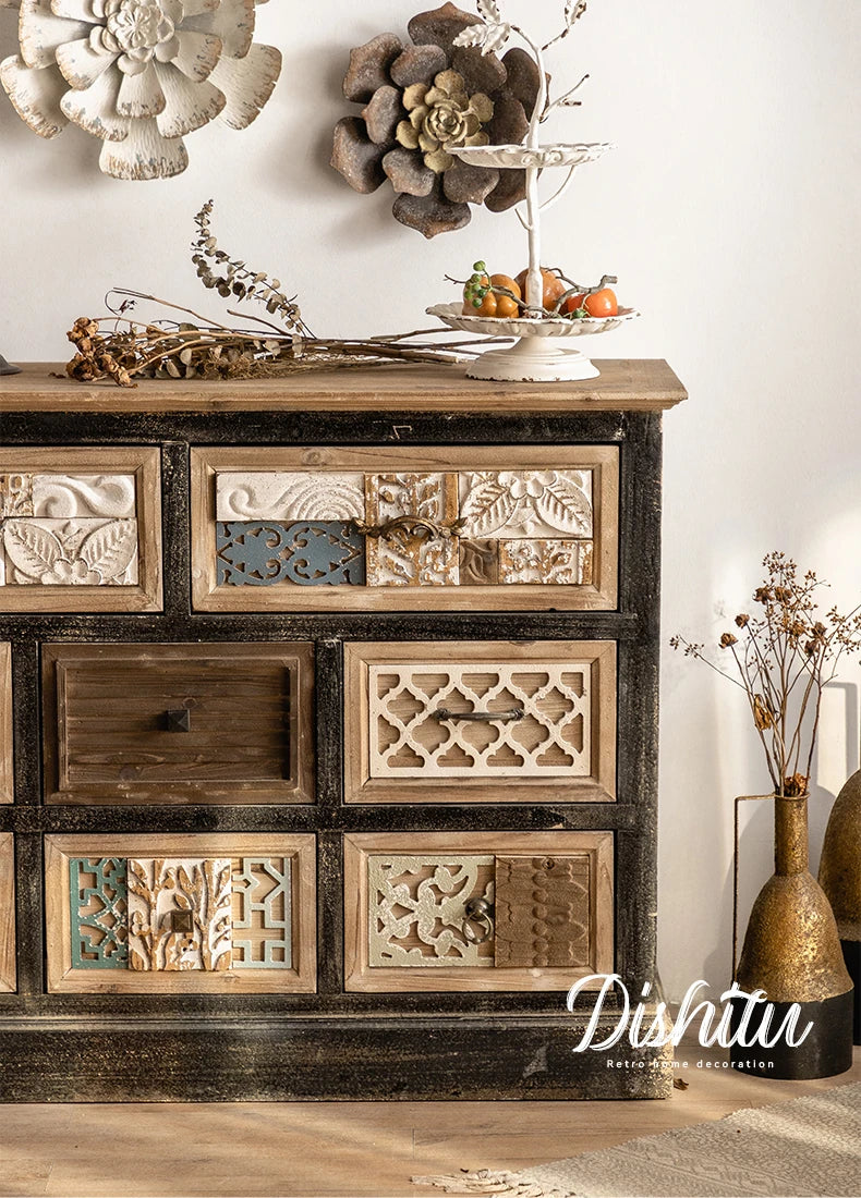 Vintage Carved Cabinet with Intricate Patterned Drawers – Elegant Storage Solution hdst-4235