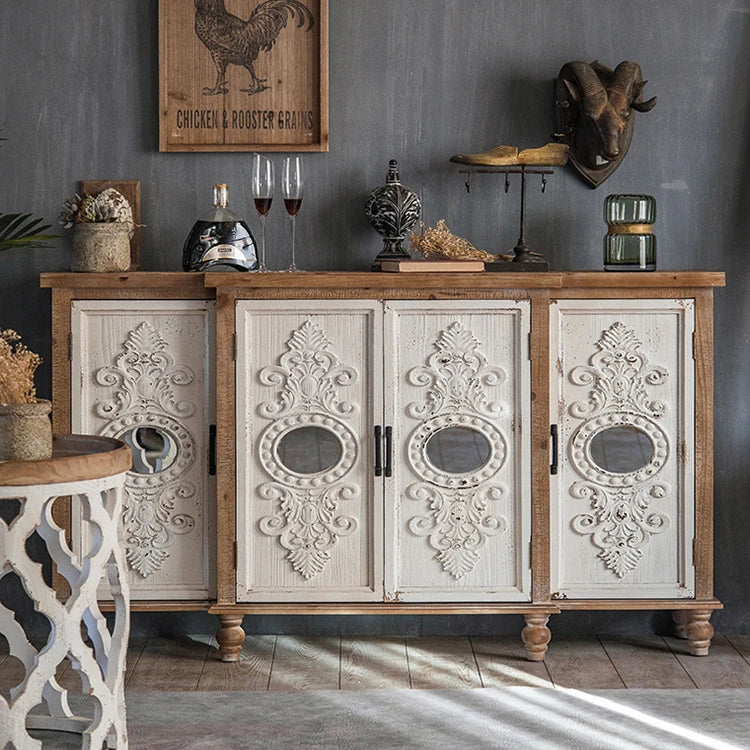 Vintage Charm Cabinet with Intricate Carvings - Chinese Fir and Density Board Design hdst-4255