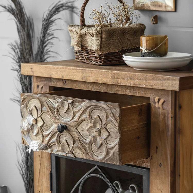 Vintage-Inspired Solid Wood Cabinet with Glass Doors – Elegant Storage Solution for Your Home hdst-4256