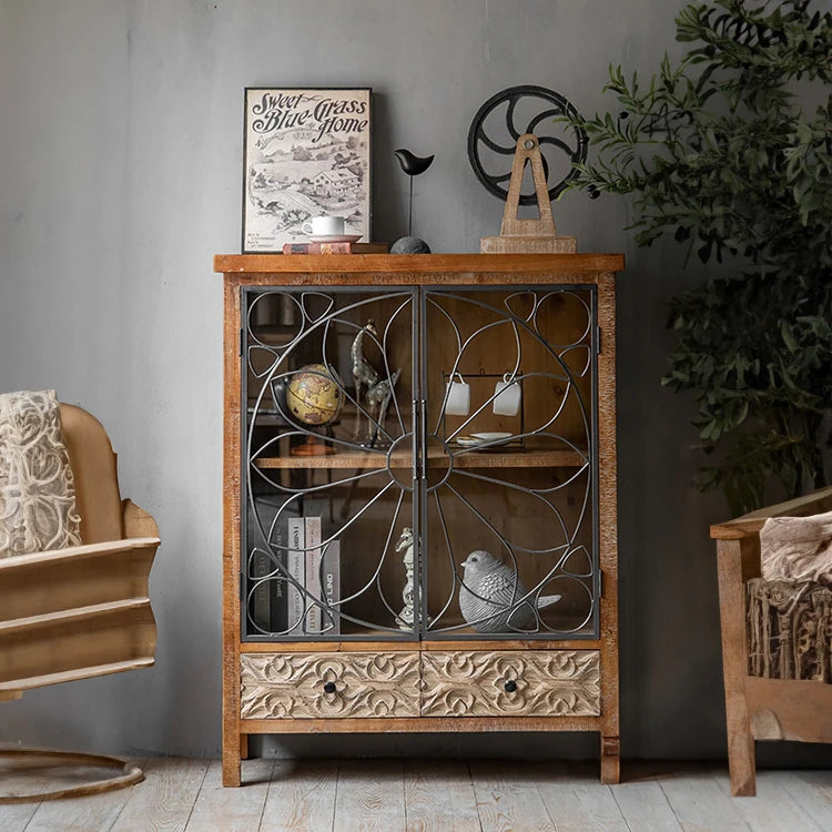 Vintage-Inspired Solid Wood Cabinet with Glass Doors – Elegant Storage Solution for Your Home hdst-4256