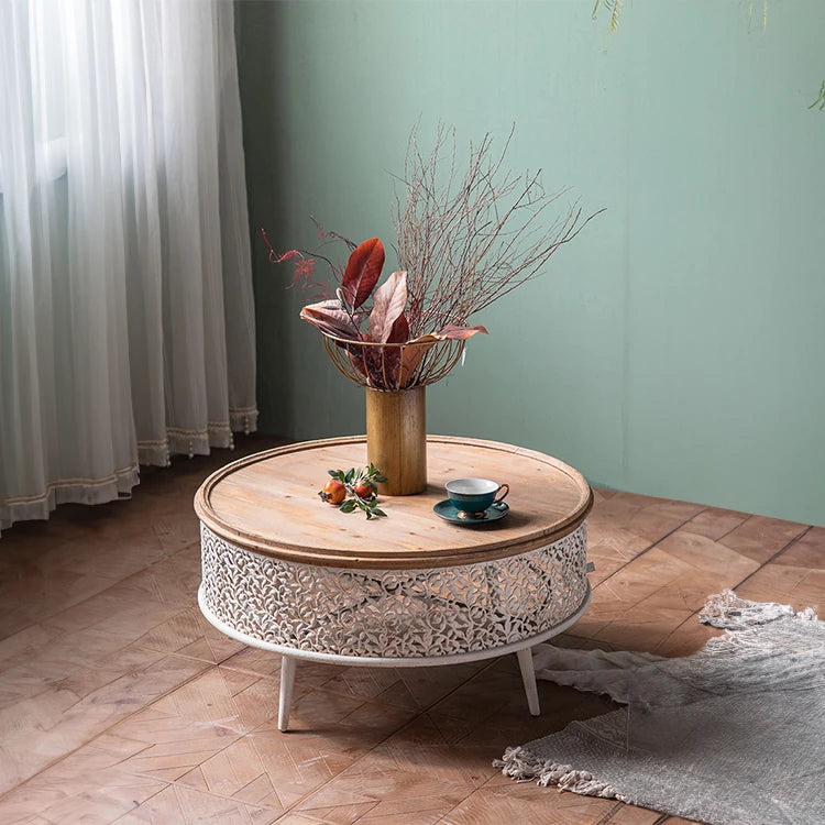 Round Pine Tea Table with Intricate Carved Design - Stylish and Elegant Centerpiece hdst-4301