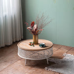 Round Pine Tea Table with Intricate Carved Design - Stylish and Elegant Centerpiece hdst-4301