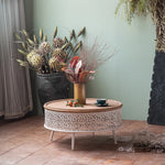 Round Pine Tea Table with Intricate Carved Design - Stylish and Elegant Centerpiece hdst-4301