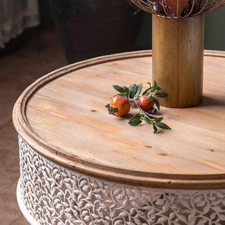 Round Pine Tea Table with Intricate Carved Design - Stylish and Elegant Centerpiece hdst-4301