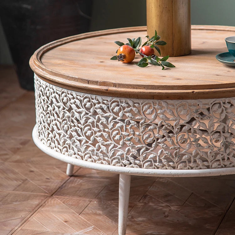 Round Pine Tea Table with Intricate Carved Design - Stylish and Elegant Centerpiece hdst-4301