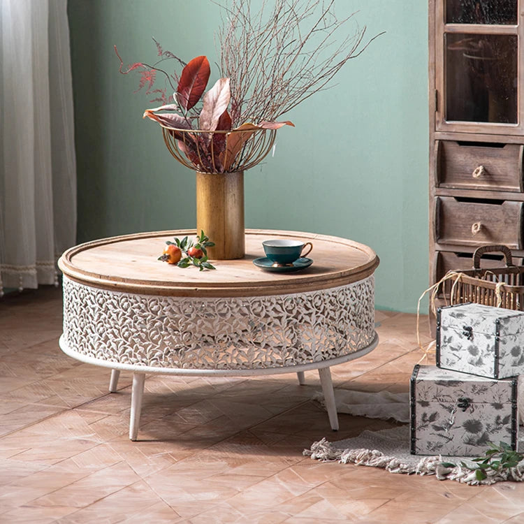 Round Pine Tea Table with Intricate Carved Design - Stylish and Elegant Centerpiece hdst-4301