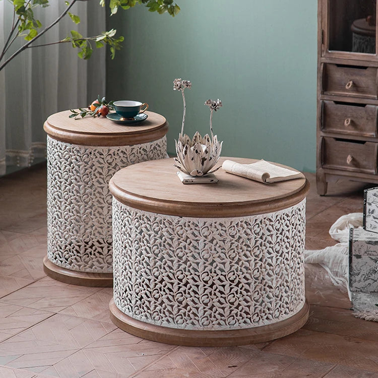 Round Pine Tea Table with Intricate Carved Design - Stylish and Elegant Centerpiece hdst-4301