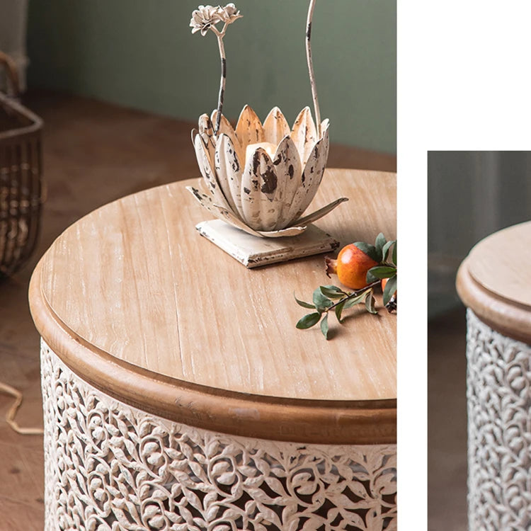 Round Pine Tea Table with Intricate Carved Design - Stylish and Elegant Centerpiece hdst-4301