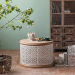 Round Pine Tea Table with Intricate Carved Design - Stylish and Elegant Centerpiece hdst-4301