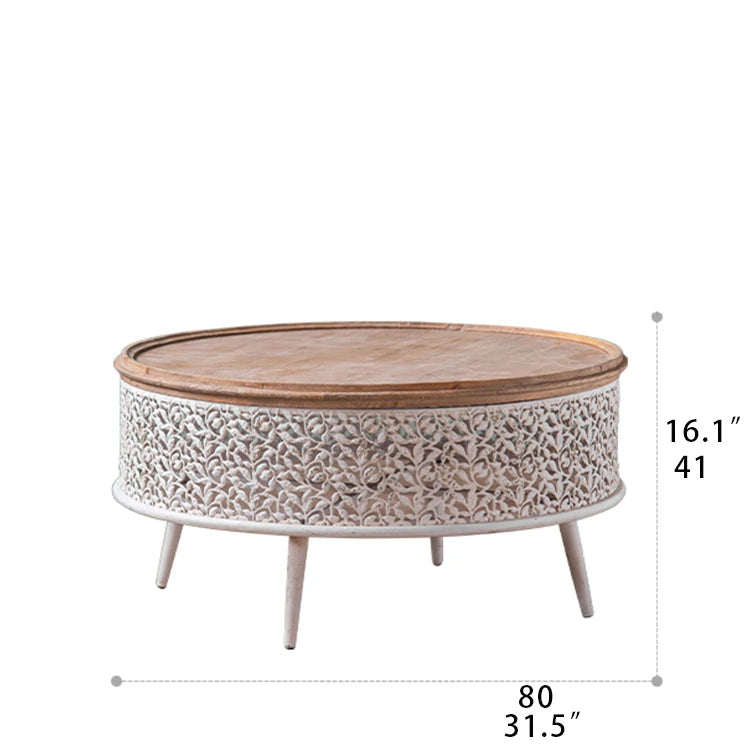 Round Pine Tea Table with Intricate Carved Design - Stylish and Elegant Centerpiece hdst-4301