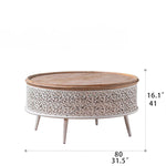 Round Pine Tea Table with Intricate Carved Design - Stylish and Elegant Centerpiece hdst-4301