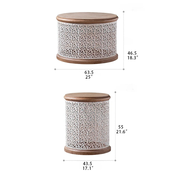 Round Pine Tea Table with Intricate Carved Design - Stylish and Elegant Centerpiece hdst-4301