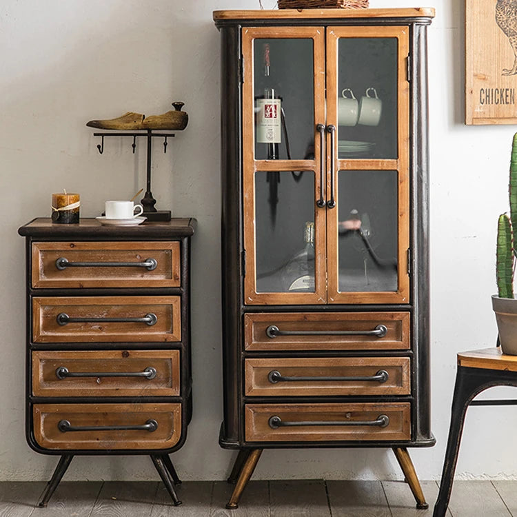Rustic Chinese Fir and Glass Cabinet with Drawers - Stylish Storage Solution hdst-4302