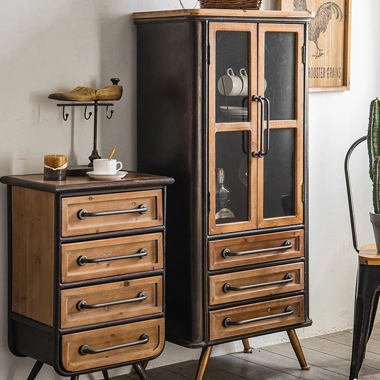 Rustic Chinese Fir and Glass Cabinet with Drawers - Stylish Storage Solution hdst-4302