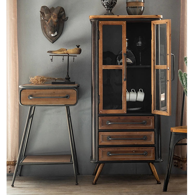 Rustic Chinese Fir and Glass Cabinet with Drawers - Stylish Storage Solution hdst-4302