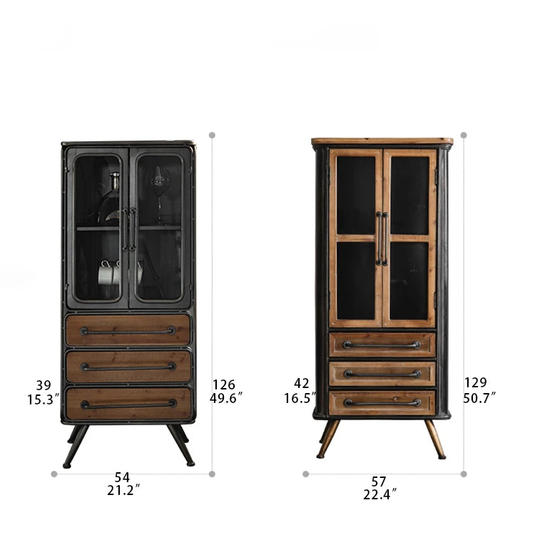Rustic Chinese Fir and Glass Cabinet with Drawers - Stylish Storage Solution hdst-4302