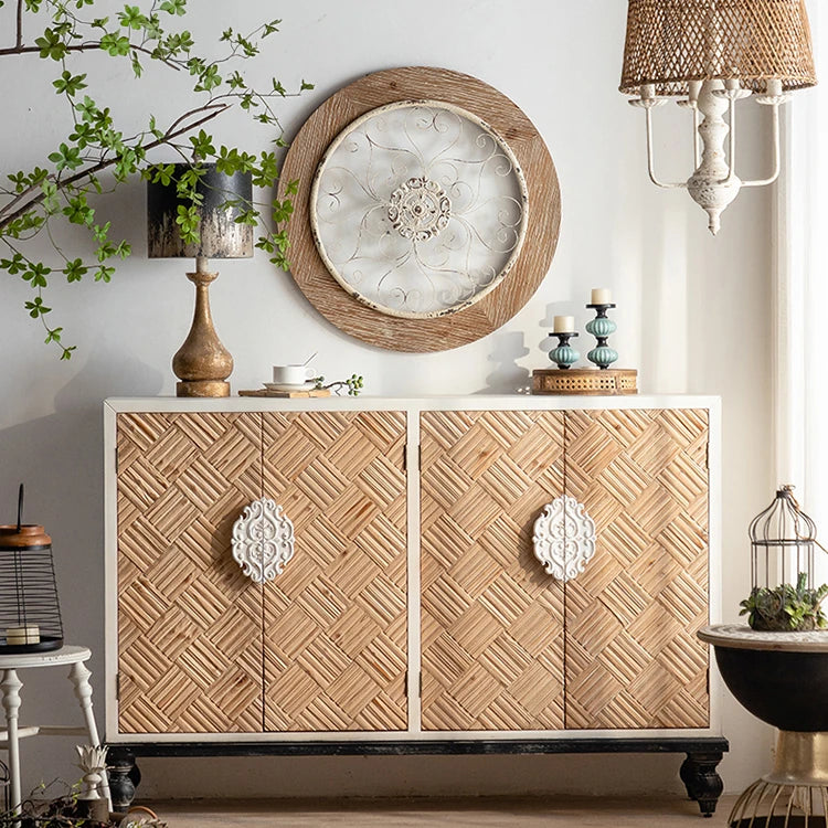 Modern Bedside Cupboard with Elegant Woven Design - Chinese Fir and Density Board Construction hdst-4305