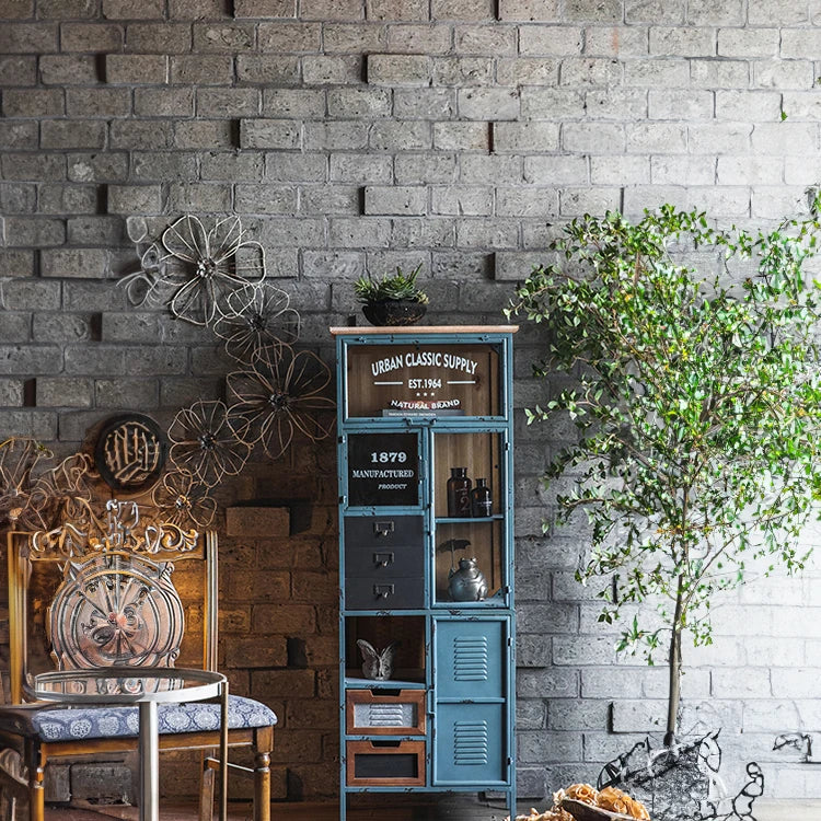 Vintage Industrial Solid Wood Cabinet with Glass Doors - Stylish Storage Solution for Home and Office Decor hdst-4312
