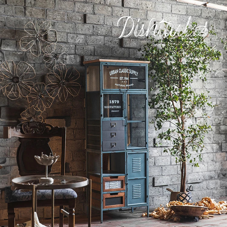 Vintage Industrial Solid Wood Cabinet with Glass Doors - Stylish Storage Solution for Home and Office Decor hdst-4312