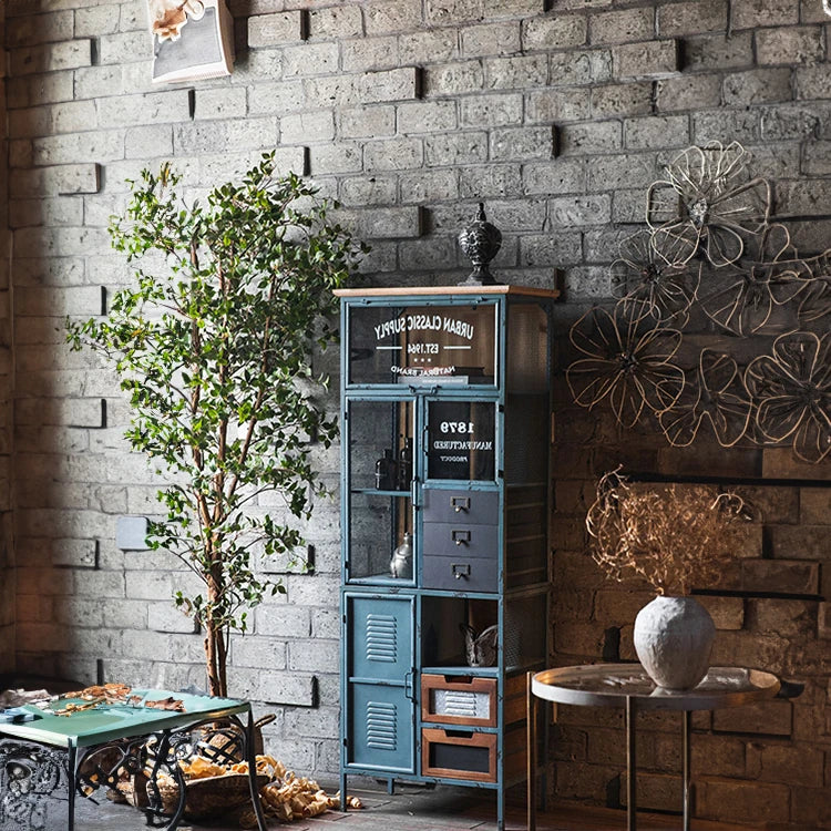 Vintage Industrial Solid Wood Cabinet with Glass Doors - Stylish Storage Solution for Home and Office Decor hdst-4312