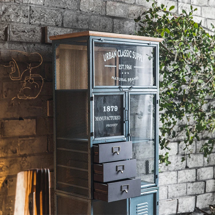 Vintage Industrial Solid Wood Cabinet with Glass Doors - Stylish Storage Solution for Home and Office Decor hdst-4312